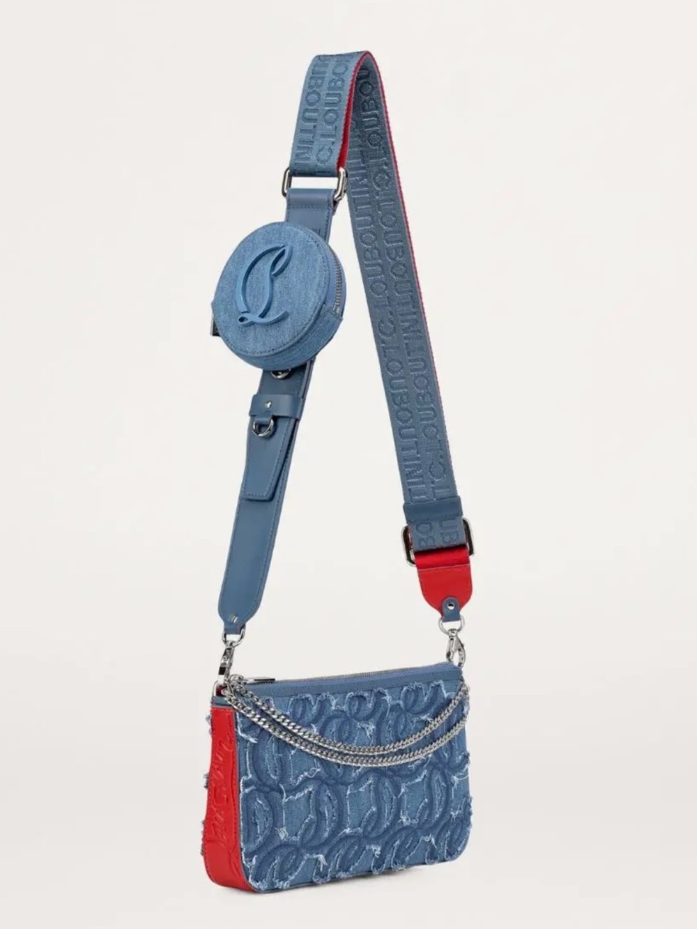 Christian Louboutin Denim-Textured Crossbody Bag in Blue and Red